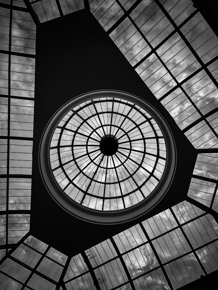 Low angle shot of a monochrome architectural dome ceiling in Manchester, UK.